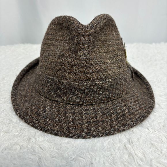 Vtg Bee Hats Tweed 100% Wool Brown Fedora Trilby Hat Sz 7.5 USA w/ Feather - Picture 2 of 6